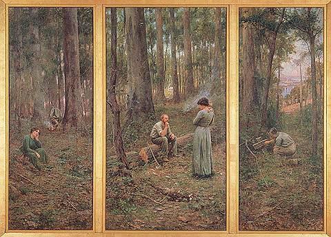 Australian eucalyptus forest as painted by Frederick McCubbin:  The Pioneer, 1904