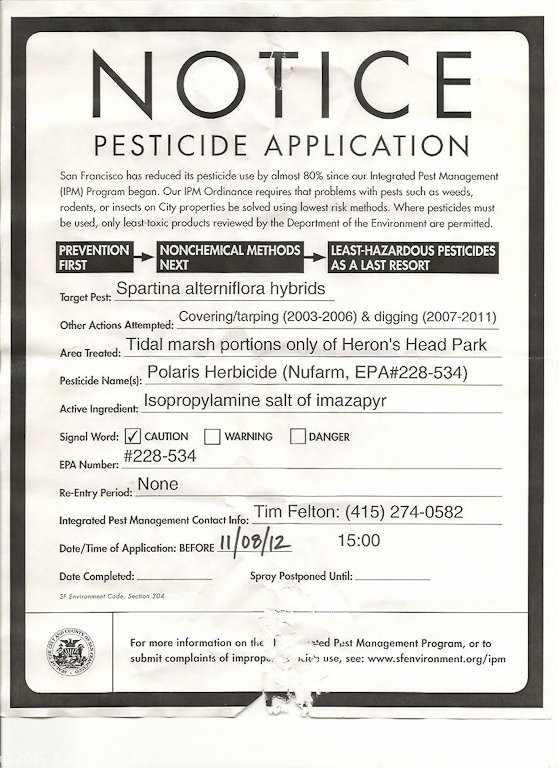 Pesticide Application Notice, Heron's Head, 2012